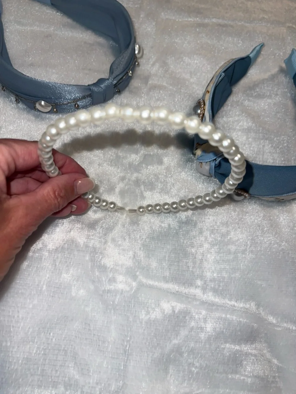 Blue Fabric Knot Pearl Headbands Set